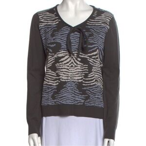 EMPORIO ARMANI Gray Zebra Stripe Wool Blend Tie Neck Pullover Sweater